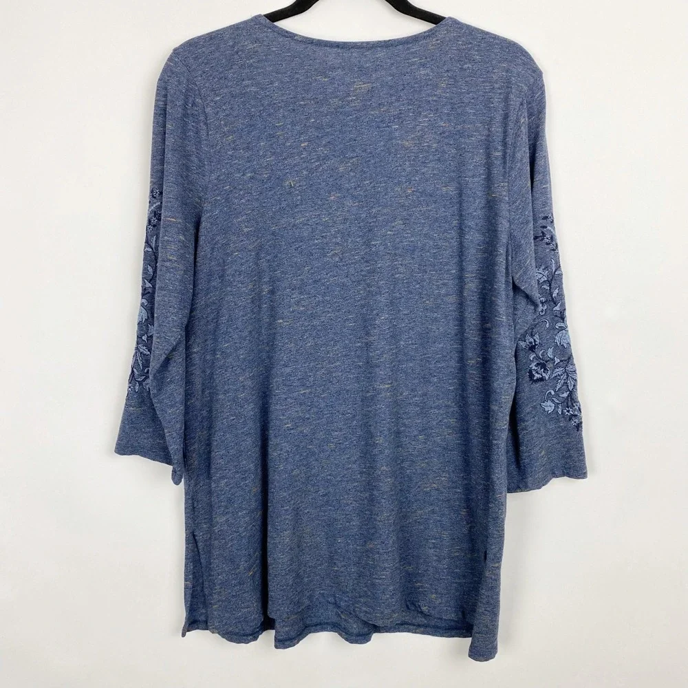 Pure Jill Embroidered Floral Slub Jersey Tunic Top Womens Medium Blue